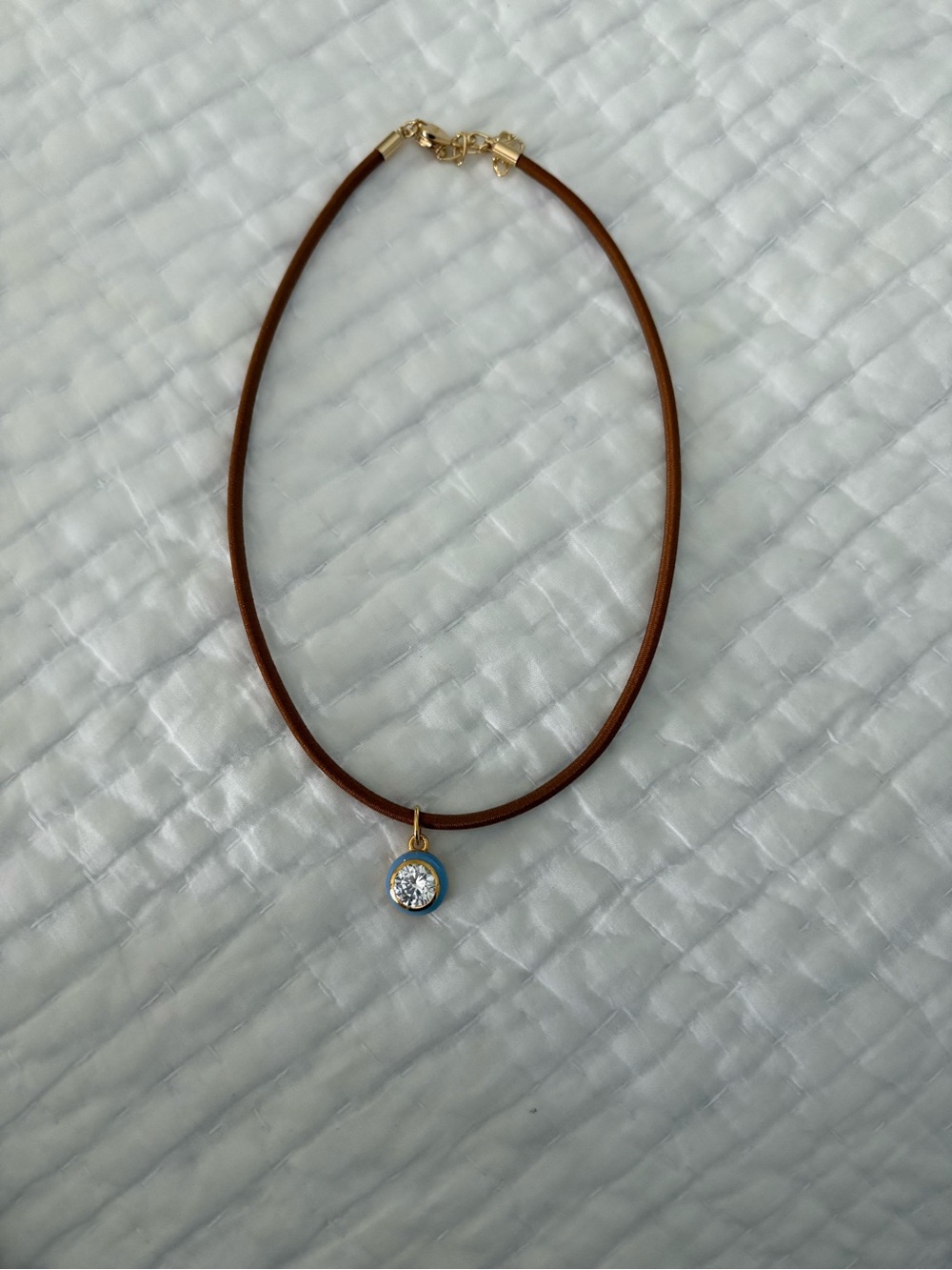 Brown Leather Choker with Gold Pendant and Clear Crystal
